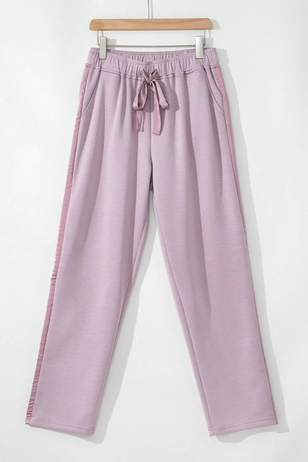Orchid Petal Drawstring Waist Satin Stripe Patch Straight Leg High Waist Pants - Love Salve